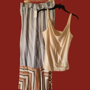 Ecru Wide Leg Pants with Blue and Striped Accents And Cream Cami Top Set